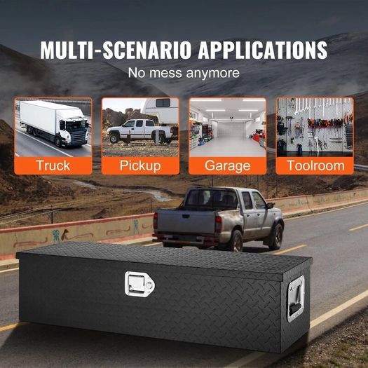 83L Heavy Duty Aluminium Truck Tool Box, Diamond Plate Storage Chest with Lock and Side Handles, Black, 990 x 330 x 254 mm