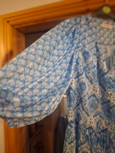 summer dress in blue and white. Wide fit . Easy crease free material.  Great for packing