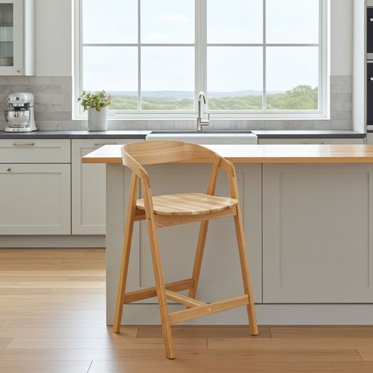 Nordic Oak Embrace Bar Stool with Curved Backrest and Armrests