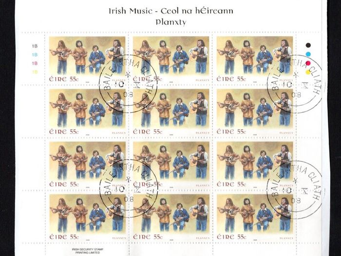 2008 Ireland Irish Music 55c Planxty Commemorative Stamps Sheetlet Plate 1B1B1B1B Fine CDS Used with Dublin cancel of 26th June 2009 (Frist day of issue)