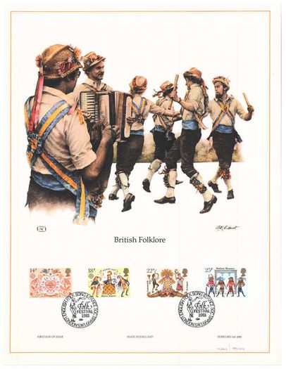 1981 Great Britain Limited Edition Lithographed Print measuring 333mm X 257mm showing British Folklore Commemorative Stamp with First Day of Issue Cancel