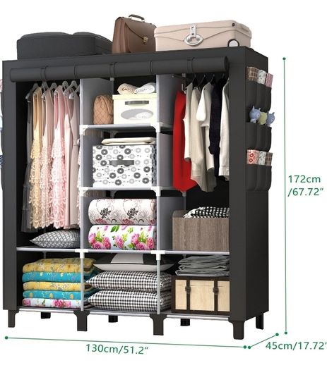 Portable Closet with 2 Hanging Rails & 8 Shelves, Bedroom Wardrobe with 18 Side Pockets, Foldable Garment Organiser (Black