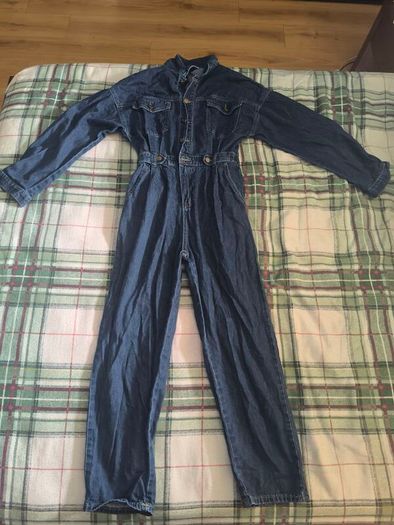 Vintage Style Dark Denim Jumpsuit / Long Sleeve Utility Overall (Size S/M)