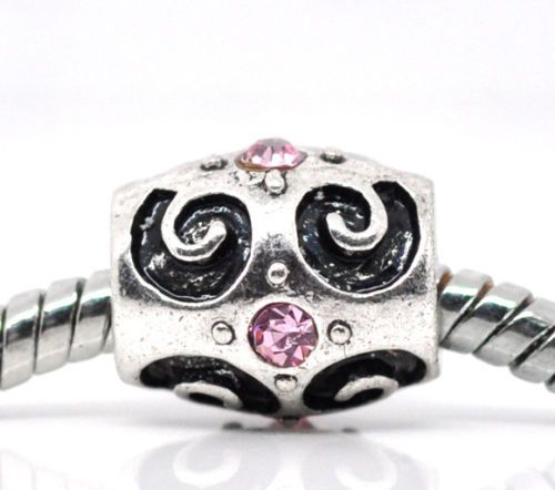 Pandora Style Pink Rhinestone Scroll Beads