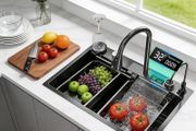 Drop-in Waterfall Sink Workstation with Faucet Combo and Cup Washer, 26.7" x 17.6" x 7.9" Stainless Steel Waterfall Bowl, Modern Smart Undermount Kitchen Unit, for Household Use, Gun Grey