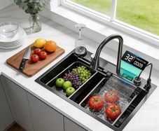 Drop-in Waterfall Sink Workstation with Faucet Combo and Cup Washer, 26.7" x 17.6" x 7.9" Stainless Steel Waterfall Bowl, Modern Smart Undermount Kitchen Unit, for Household Use, Gun Grey