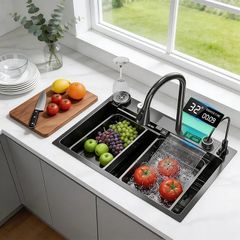 Drop-in Waterfall Sink Workstation with Faucet Combo and Cup Washer, 26.7" x 17.6" x 7.9" Stainless Steel Waterfall Bowl, Modern Smart Undermount Kitchen Unit, for Household Use, Gun Grey