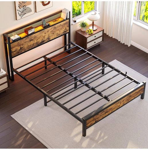 4ft6 Double Bed Frame with LED Lights&Charging Station,Brown Metal Platform Bed with Storage Headboard, Mattress Foundation, Metal Slat Support ,No Box Spring Needed,Under-bed Storage
