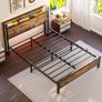 4ft6 Double Bed Frame with LED Lights&Charging Station,Brown Metal Platform Bed with Storage Headboard, Mattress Foundation, Metal Slat Support ,No Box Spring Needed,Under-bed Storage Image 3