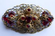 Vintage Ornate Oval Ruby Glass Domed Filigree Gold Tone Brooch Pin