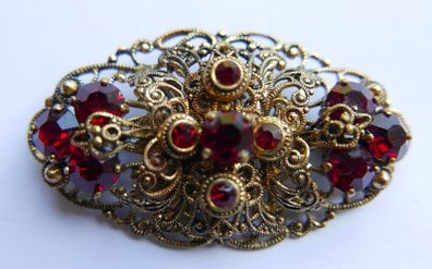 Vintage Ornate Oval Ruby Glass Domed Filigree Gold Tone Brooch Pin