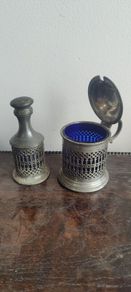 Pewter Condiment Set, blue glass and pewter design. mustard and salt