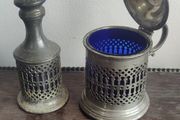 Pewter Condiment Set, blue glass and pewter design. mustard and salt