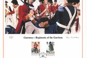 1985 Alderney Limited Edition Lithographed Print measuring 333mm X 257mm showing Alderney Regiments of the Alderney Garrison Commemorative stamps with First Day of Issue Cancel