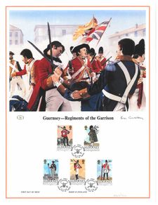 1985 Alderney Limited Edition Lithographed Print measuring 333mm X 257mm showing Alderney Regiments of the Alderney Garrison Commemorative stamps with First Day of Issue Cancel