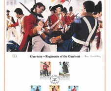1985 Alderney Limited Edition Lithographed Print measuring 333mm X 257mm showing Alderney Regiments of the Alderney Garrison Commemorative stamps with First Day of Issue Cancel