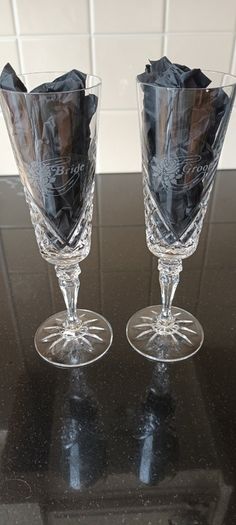 Pair of Galway Crystal Bride & Groom Champagne Flutes.