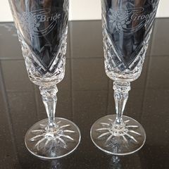 Pair of Galway Crystal Bride & Groom Champagne Flutes.
