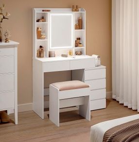 Dressing table with LED mirror lighting   dressing table with LED lighting, adjustable brightness, dressing table with mirror, vanity table with drawers, open compartments, adjustable shelves, modern,