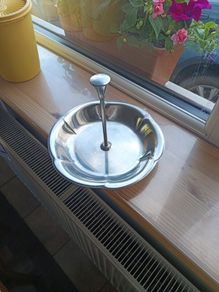 vintage 60s \ 70s stainless steel snack plate with long handle. Used but fair condition
