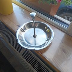 vintage 60s \ 70s stainless steel snack plate with long handle. Used but fair condition