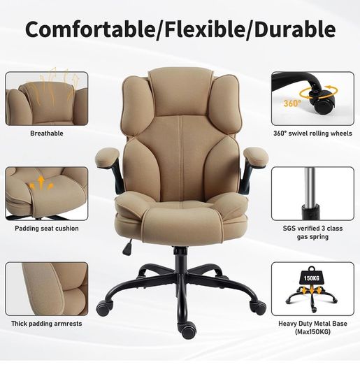 Office Chair,Fabric Desk Chair with 90 Flip up Armrest for Home or Office,Ergonomic Durable with Adjustable Height(Beige)