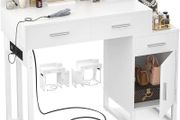 Dressing Table Vanity Desk with 4 Storage Drawers - Modern Makeup Desk with Charging Station, Vanity Desk with Reversible Cabinet Table Set with Divided Organizers for Women Girls
