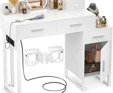 Dressing Table Vanity Desk with 4 Storage Drawers - Modern Makeup Desk with Charging Station, Vanity Desk with Reversible Cabinet Table Set with Divided Organizers for Women Girls