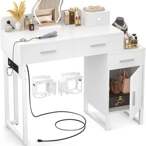 Dressing Table Vanity Desk with 4 Storage Drawers - Modern Makeup Desk with Charging Station, Vanity Desk with Reversible Cabinet Table Set with Divided Organizers for Women Girls