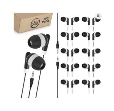 Bulk earphones 100x Pack | Basic Earbuds, Dot Headphones, Black in-Ear Earbuds, Disposable Headphones, 3.5 MM Audio Jack Stereo Earphones for Schools, Kids, Classrooms & Libraries