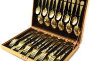 24-Piece Mirror Polished Gold Unique Wooden Box Design for Gift, Stainless Steel Flatware Set, Silverware Set with Spoon Knife and Fork Set, Service for 6