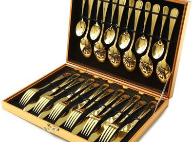 24-Piece Mirror Polished Gold Unique Wooden Box Design for Gift, Stainless Steel Flatware Set, Silverware Set with Spoon Knife and Fork Set, Service for 6