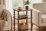 Side Table, 3-Tier Small Table with Solid Wood Legs, Retro Bedside Table Sofa Table with Open Shelf, Nightstand, Accent Table for Small Space, Living Room, Bedroom, Walnut