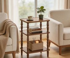 Side Table, 3-Tier Small Table with Solid Wood Legs, Retro Bedside Table Sofa Table with Open Shelf, Nightstand, Accent Table for Small Space, Living Room, Bedroom, Walnut