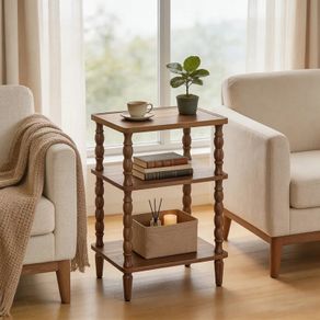 Side Table, 3-Tier Small Table with Solid Wood Legs, Retro Bedside Table Sofa Table with Open Shelf, Nightstand, Accent Table for Small Space, Living Room, Bedroom, Walnut