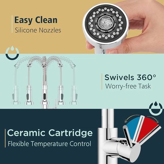 Kitchen Tap, Spring Kitchen Sink Mixer Taps, Commercial Faucet Single Handle Lever, High Arc Swivel 360 with 2 Spray Mode, Polished Chrome
