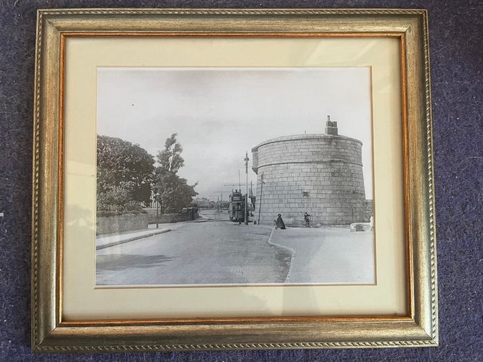 Sandymount Martello Tower, Dublin with tram & figures, 28cm x 36cm.