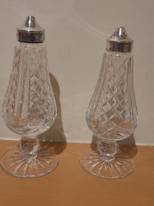 Vintage Lismore Waterford Crystal salt and pepper set. Silver tops