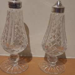 Vintage Lismore Waterford Crystal salt and pepper set. Silver tops