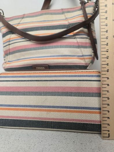 Fossil Striped Canvas & Leather Hobo Bag + Matching Zip Wallet Set