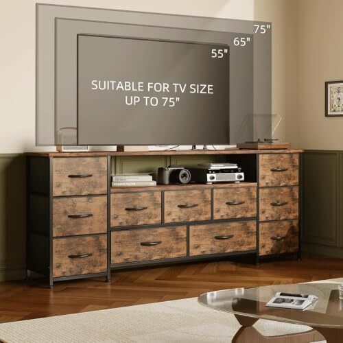 63 Tv Cabinet, Dresser for Bedroom with 11 Fabric Drawers, TV Stand with Power Socket for TVs up to 70", TV Units
