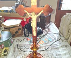 Large Antique Heavy Altar Crucifix with an INRI, and a Heavy Brass that's copper-toned pedestal base, Postage Available or Collection