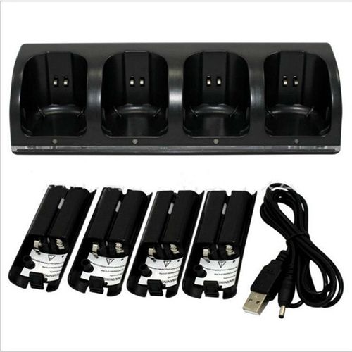 Nintendo Wii Remote Controller QUAD Charging Dock Charge Station with Batteries Black