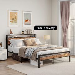 King Size Bed Frame with Storage Wooden Headboard,Bed 150x200 cm