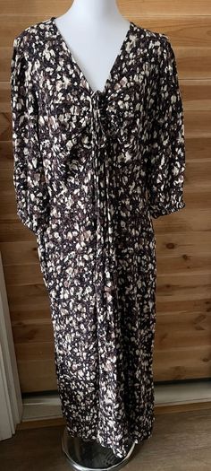 dress FatFace midi v neck 3-4 sleeves  size 16 brown floral pattern black beige BNWT