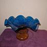 Unique hand blown cobalt blue candy dish with wood base Image 2