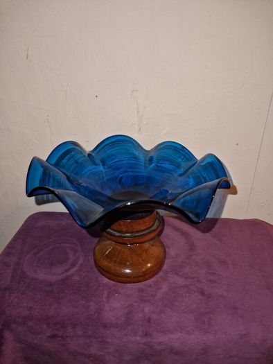 Unique hand blown cobalt blue candy dish with wood base
