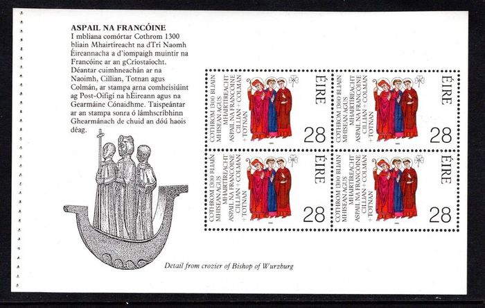 1989 Ireland Franconian Apostles/ 1300th Anniversary of the Martyrdom of Irish Missionaries to Germany (St Kilians, Totnan & Coleman) Booklet Pane Mint Never Hinged (MNH). Hibernian HP33a