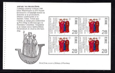 1989 Ireland Franconian Apostles/ 1300th Anniversary of the Martyrdom of Irish Missionaries to Germany (St Kilians, Totnan & Coleman) Booklet Pane Mint Never Hinged (MNH). Hibernian HP33a