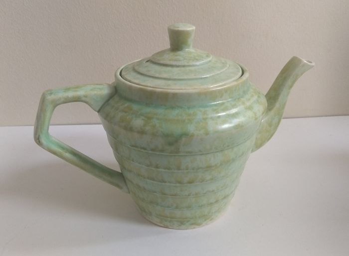 Stunning Art Deco 'Windsor Step' Shaped Teapot by Wade Heath, with a Stunning Rare Mottled Mint Green Glaze, Circa 1930+